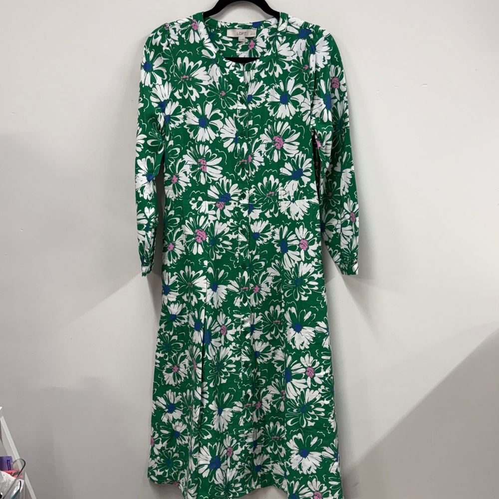 NWT Loft Green Floral Button Front Long Sleeve Dress with Pockets 6P new - Picture 3 of 7